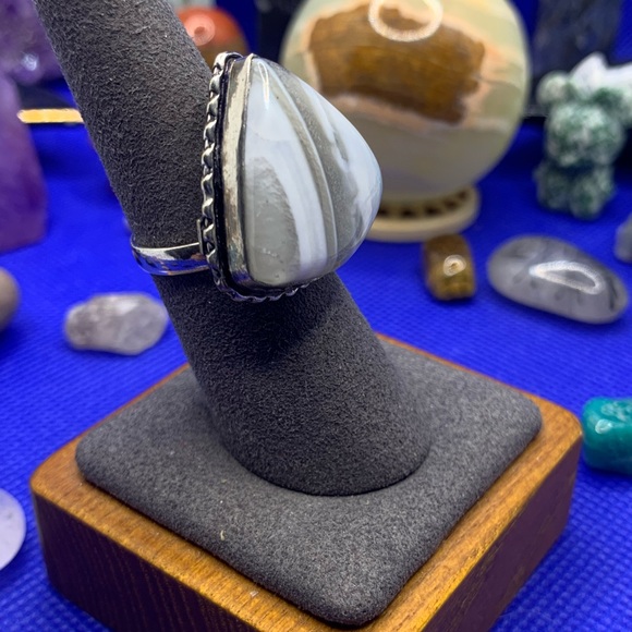 Comfort Curl Natural Blue Opal Adjustable Ring! .925 Sterling Silver Overlay - Picture 3 of 17